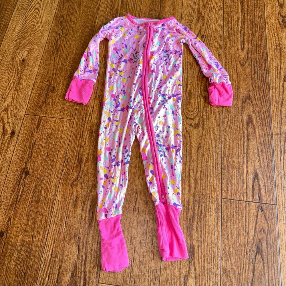 Little Sleepies Girls 6-12M “Paint Party” Paint Splatter Pink Colorful Zippy PJs